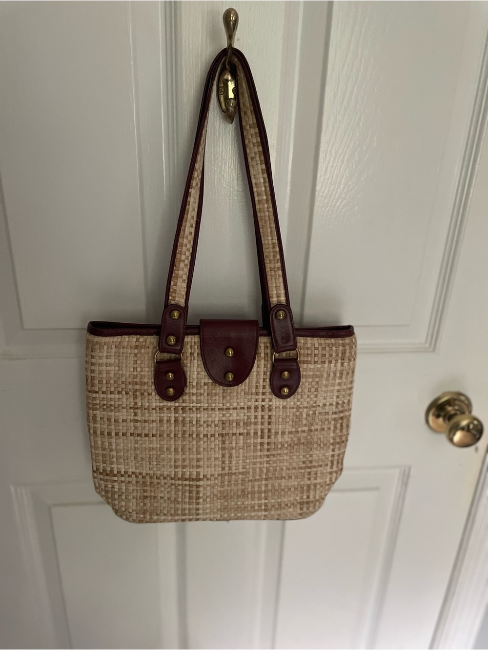 Vintage Aigner Woven Straw Tote Bag with Burgundy Trim - Picture 2 of 5